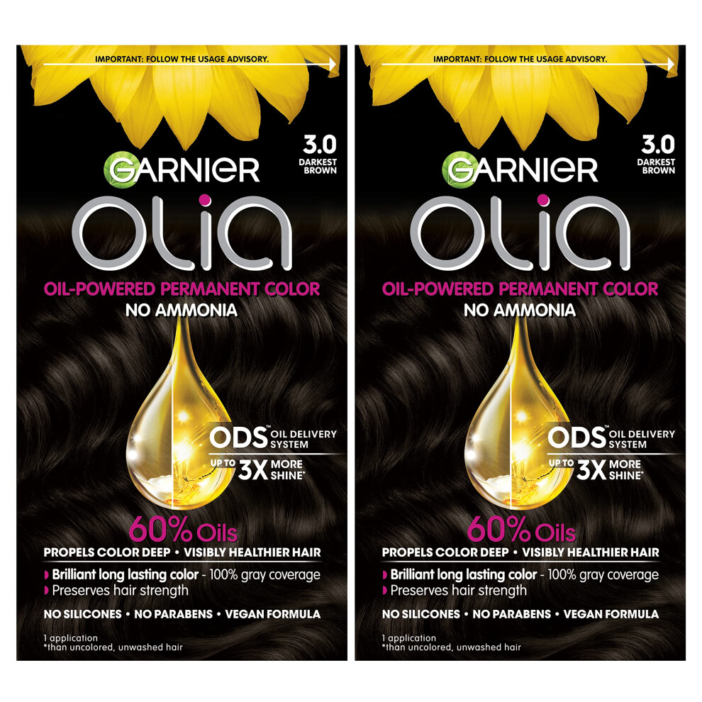 Garnier Hair Color Olia Ammonia-Free Brilliant Color Oil-Rich Permanent Hair Dye  3.0 Darkest Brown  2 Count (Packaging May Vary)