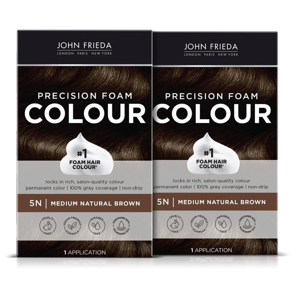 John Frieda Brown Permanent Precision Hair color  Foam Hair Kit  Brown Hair Dye  5N Medium Natural Brown Hair Color  Pack of 2