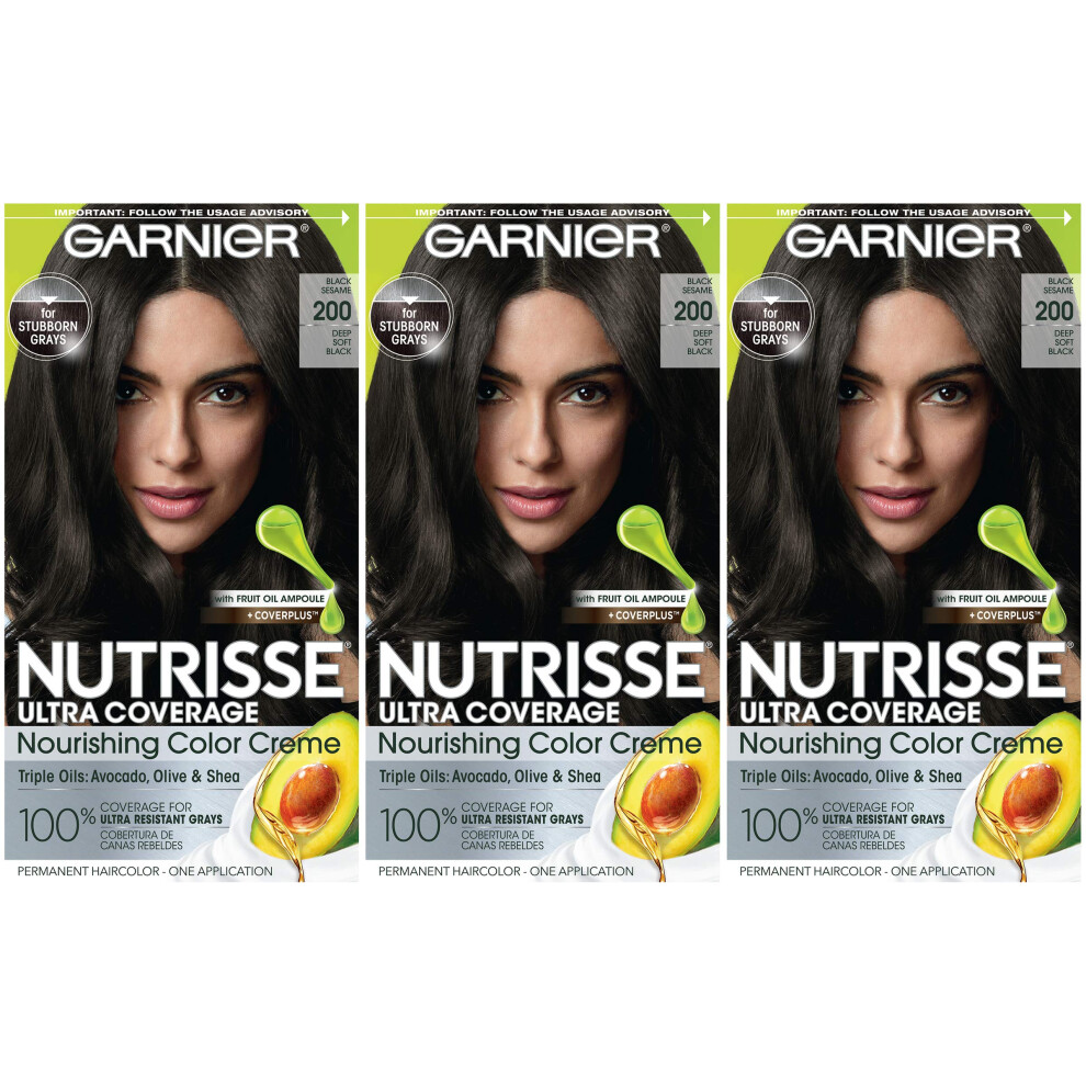 Garnier Hair Color Nutrisse Ultra Coverage Nourishing Creme  200 Deep Soft Black (Black Sesame) Permanent Hair Dye  3 Count (Packaging May V