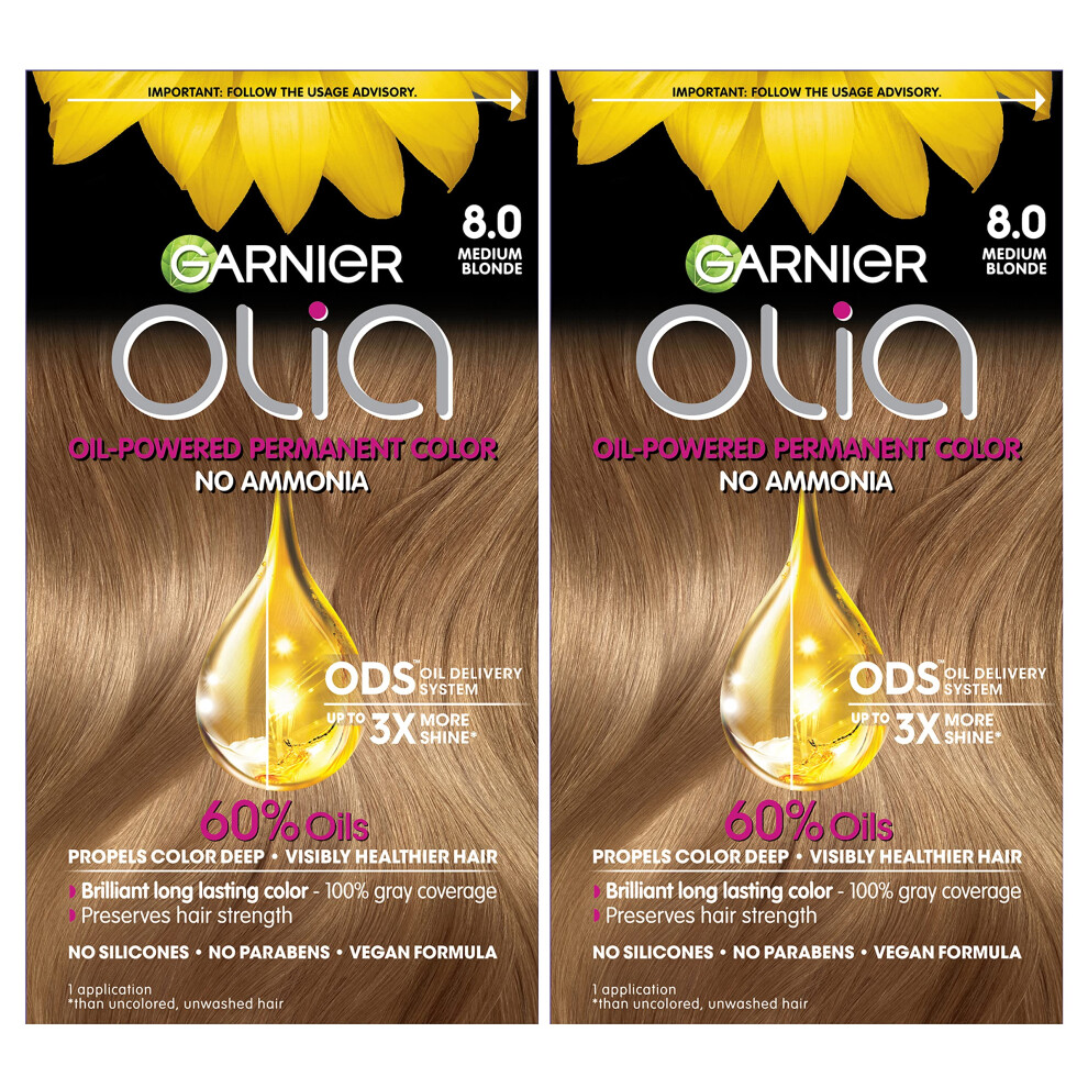 Garnier Hair Color Olia Ammonia-Free Brilliant Color Oil-Rich Permanent Hair Dye  8.0 Medium Blonde  2 Count (Packaging May Vary)