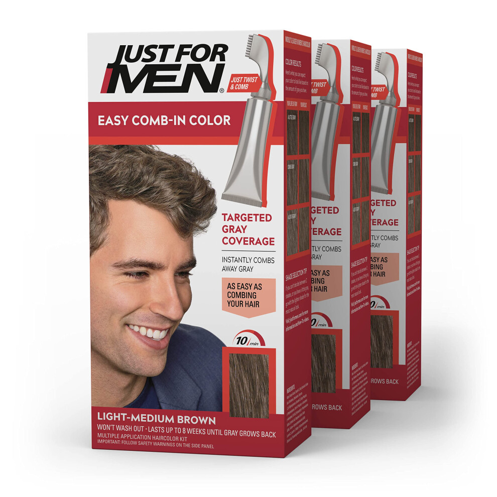 Just For Men Easy Comb-In Color Mens Hair Dye  Easy No Mix Application with Comb Applicator - Light-Medium Brown  A-30  Pack of 3