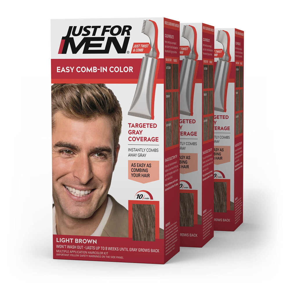 Just For Men Easy Comb-In Color Mens Hair Dye  Easy No Mix Application with Comb Applicator - Light Brown  A-25  Pack of 3