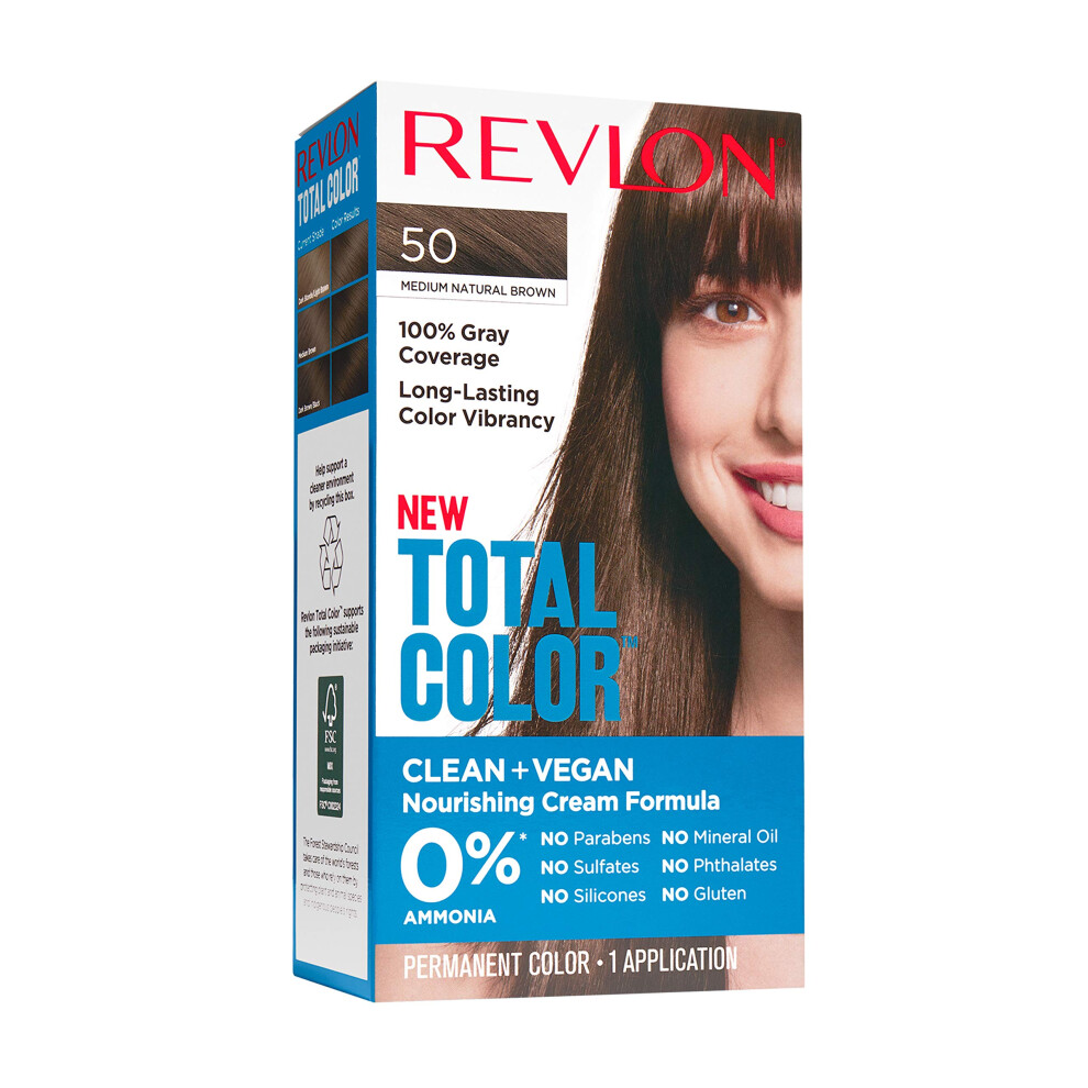 Revlon Total Color Permanent Hair Color  Clean and Vegan  100% Gray Coverage Hair Dye  50 Medium Natural Brown  3.5 oz