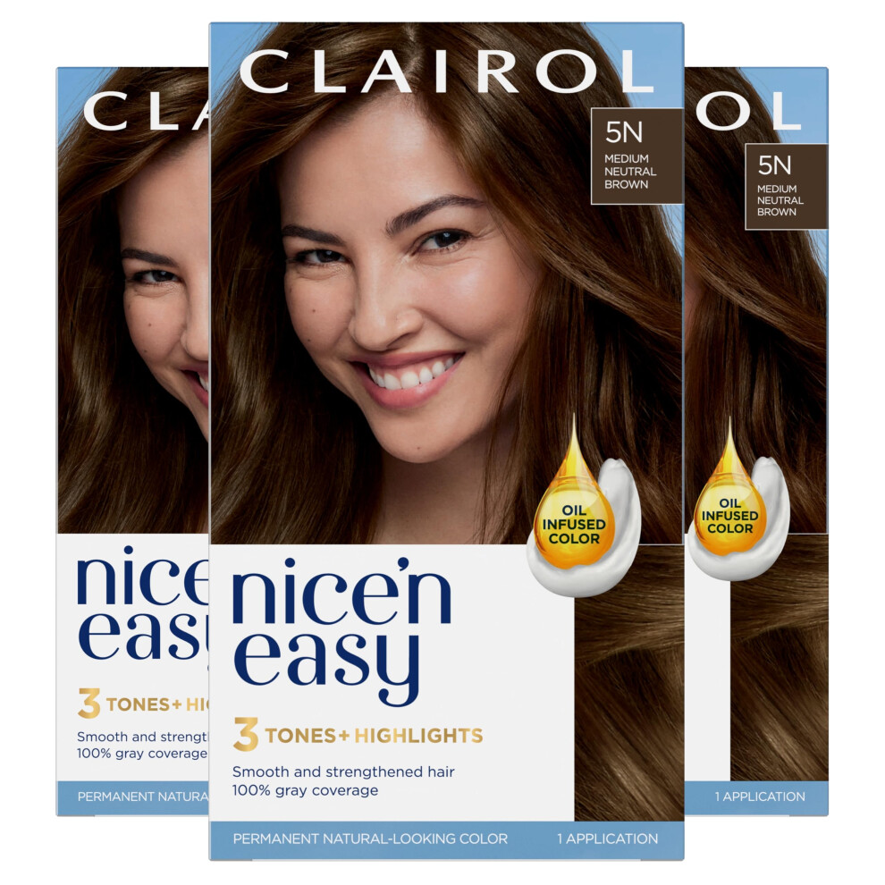 Clairol Nice'n Easy Permanent Hair Dye  5N Medium Neutral Brown Hair Color  Pack of 3