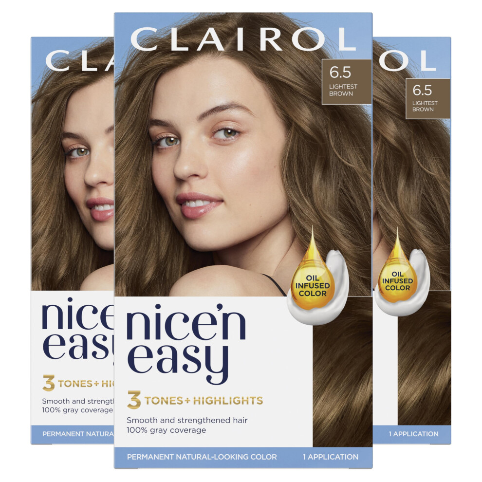 Clairol Nice'n Easy Permanent Hair Dye  6.5 Lightest Brown Hair Color  Pack of 3