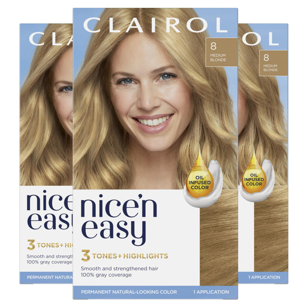 Clairol Nice'n Easy Permanent Hair Dye  8 Medium Blonde Hair Color  Pack of 3