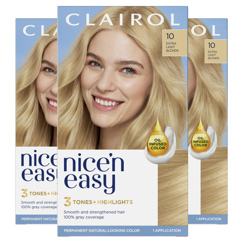 Clairol Nice'n Easy Permanent Hair Dye  10 Extra Light Blonde Hair Color  Pack of 3