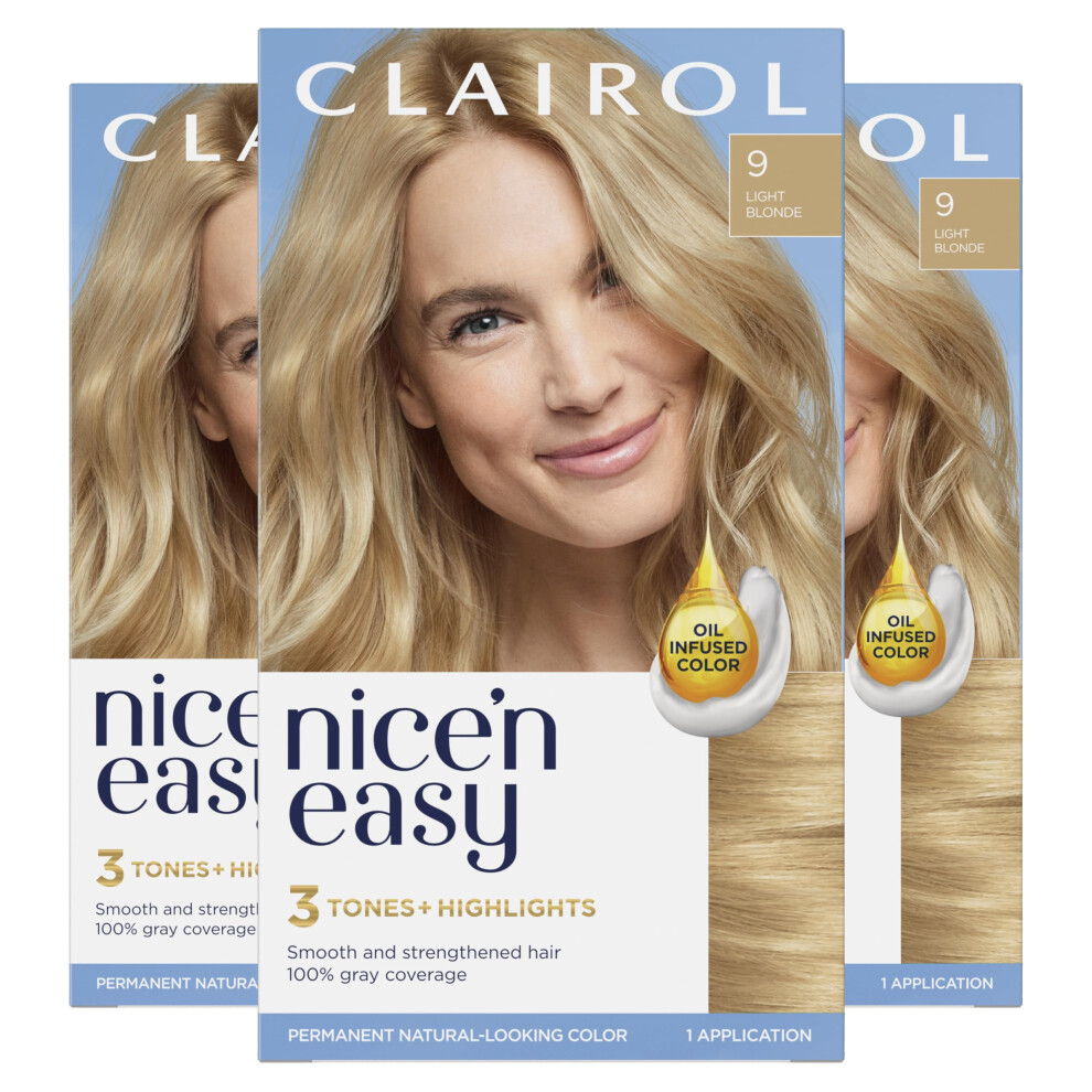 Clairol Nice'n Easy Permanent Hair Dye  9 Light Blonde Hair Color  Pack of 3