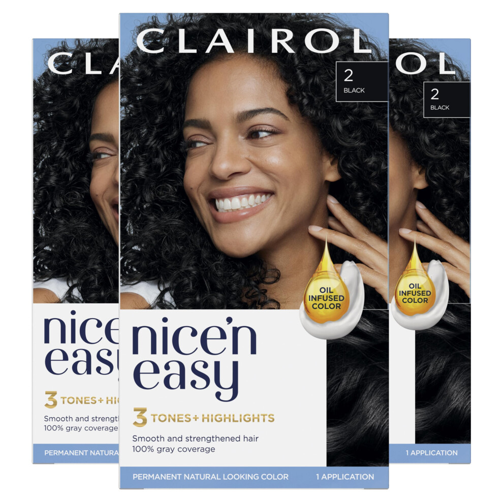 Clairol Nice'n Easy Permanent Hair Dye  2 Black Hair Color  Pack of 3