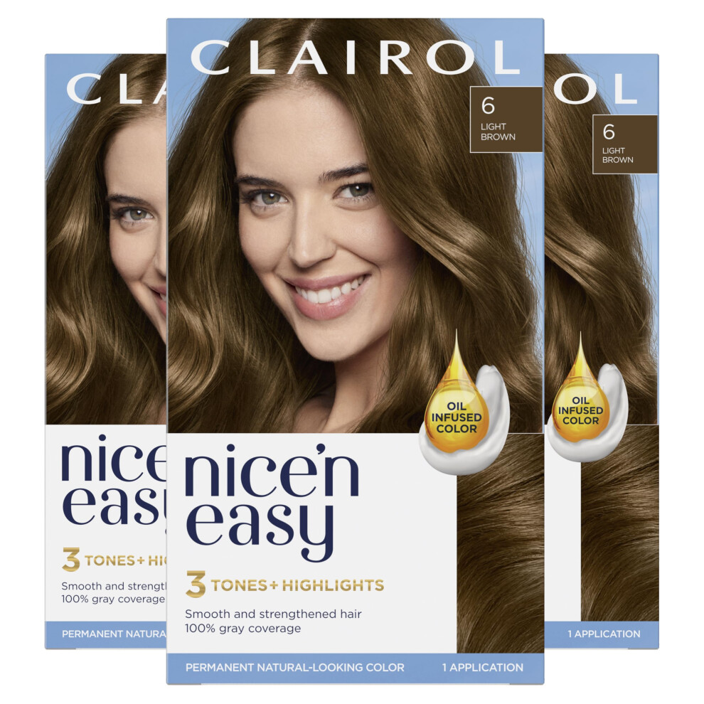 Clairol Nice'n Easy Permanent Hair Dye  6 Light Brown Hair Color  Pack of 3