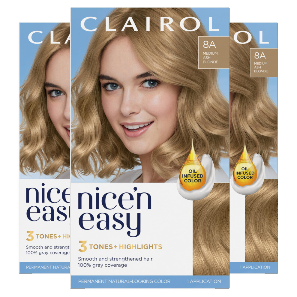 Clairol Nice'n Easy Permanent Hair Dye  8A Medium Ash Blonde Hair Color  Pack of 3