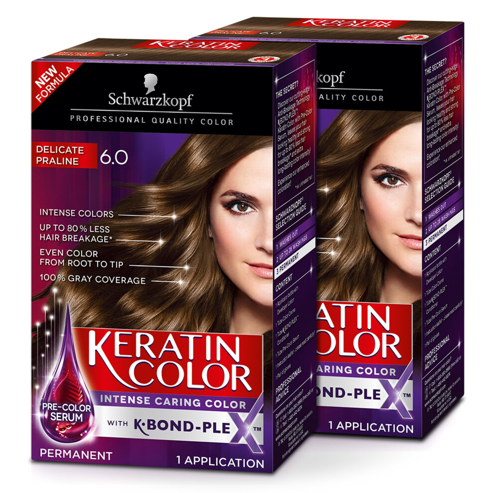 Schwarzkopf Keratin Color Permanent Hair Color Cream  6.0 Delicate Praline  Pack of 2