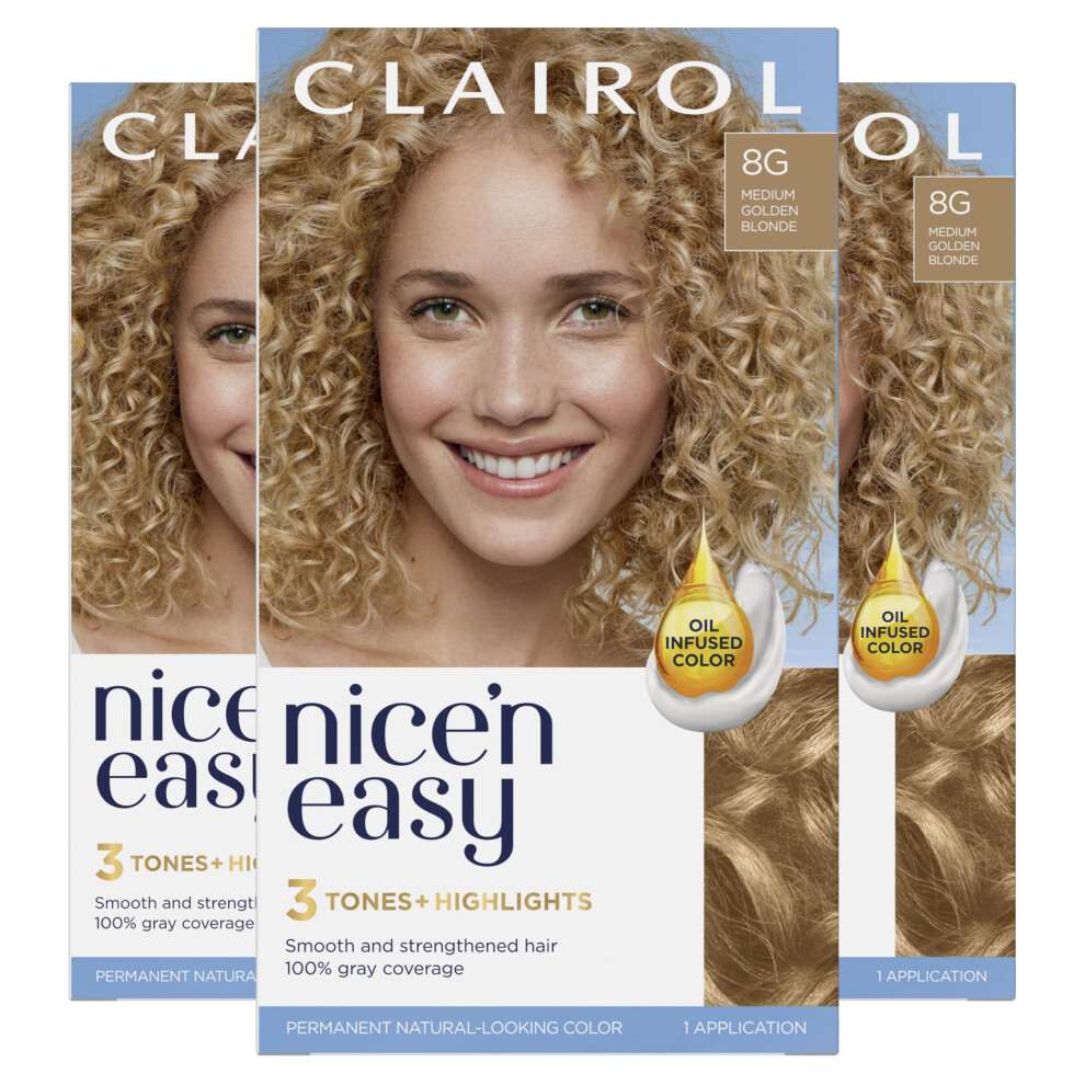 Clairol Nice'n Easy Permanent Hair Dye  8G Medium Golden Blonde Hair Color  Pack of 3