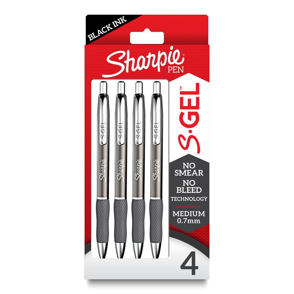 SHARPIE S-Gel  Gel Pens  Sleek Metal Barrel  Gunmetal  Medium Point (0.7mm)  Black Ink  4 Count