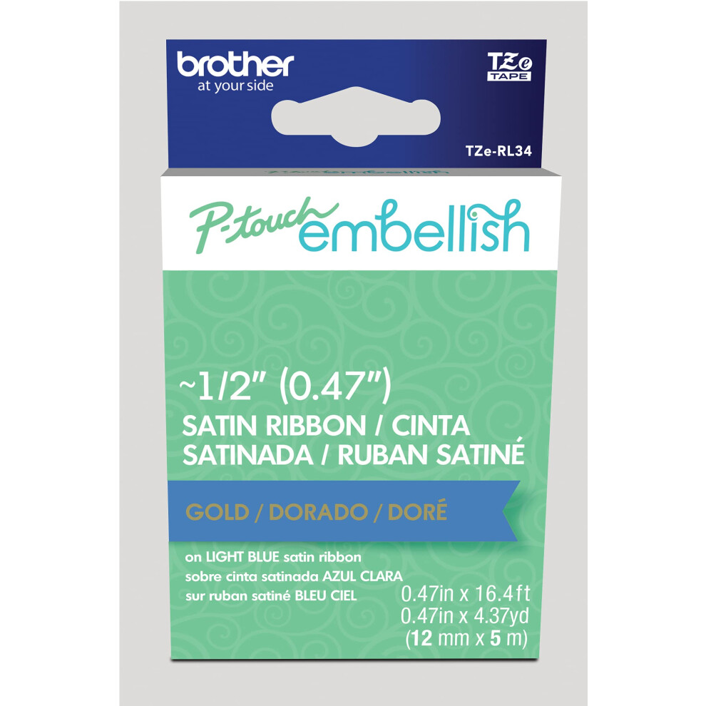 Brother P-Touch Embellish Gold Print on Light Blue Satin Ribbon TZERL34 - ~  Wide x 13.1 Long for use with P-Touch Embellish Ribbon & Tape P