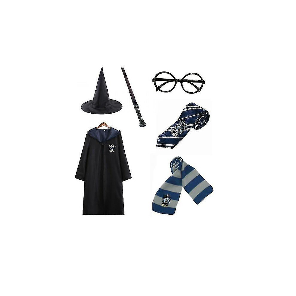(, 135Cm (7-8 Years)) Magic Wizard 6Pc Set Magic Wizard Cosplay Fancy Dress Cape Cloak Costume-1 Blue