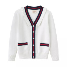 (White, 10-11 Years) Girls Knitted Cardigan Children's Sweater Cardigan Contrast Color Coat