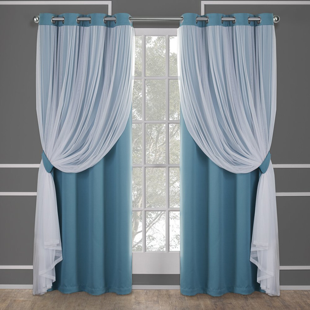 TOWN & COUNTRY LUXE Exclusive Home Catarina Layered Solid Room Darkening Blackout and Sheer Grommet Top Curtain Panel Pair  52x108  Turquois