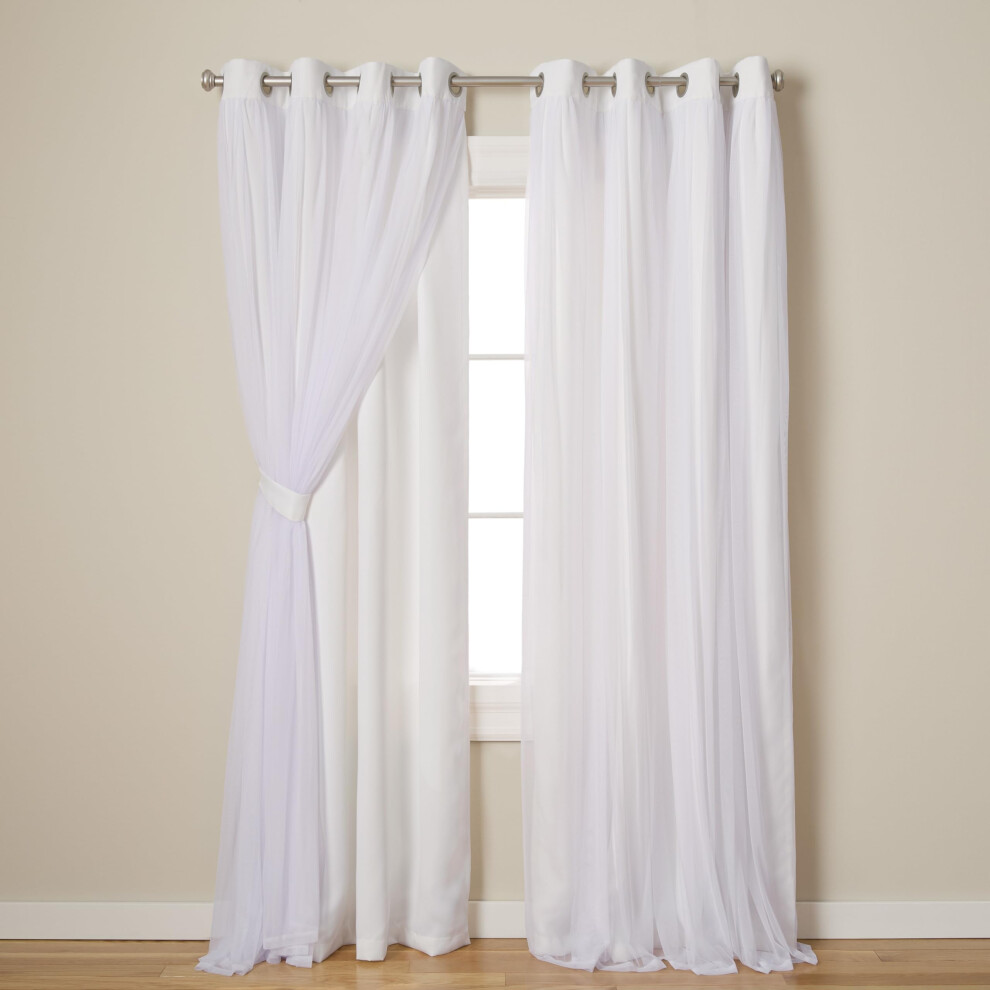 TOWN & COUNTRY LUXE Exclusive Home Catarina Layered Solid Room Darkening Blackout and Sheer Grommet Top Curtain Panel Pair  52x96  Winter Wh