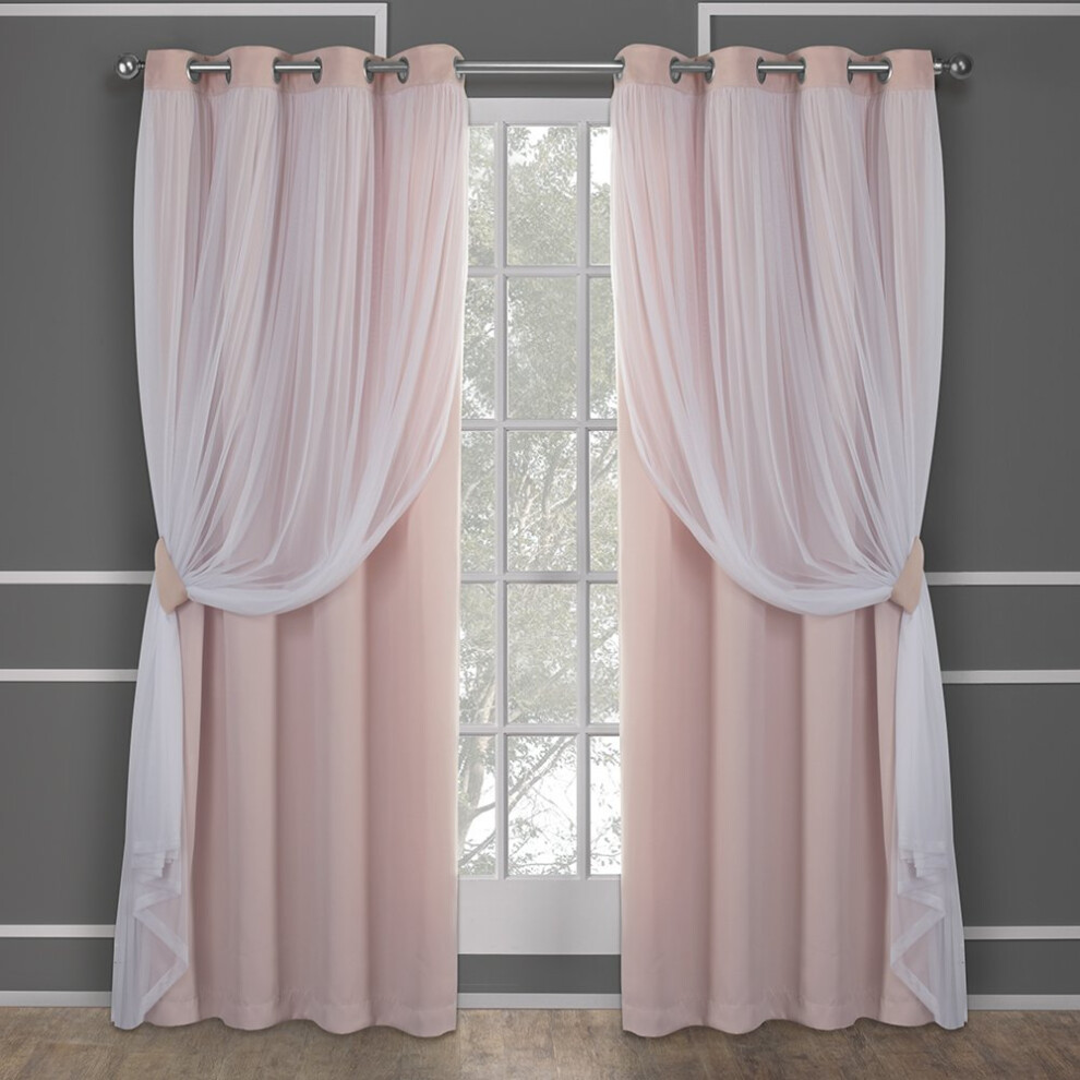 TOWN & COUNTRY LUXE Exclusive Home Catarina Layered Solid Room Darkening Blackout and Sheer Grommet Top Curtain Panel Pair  52x84  Rose Blus