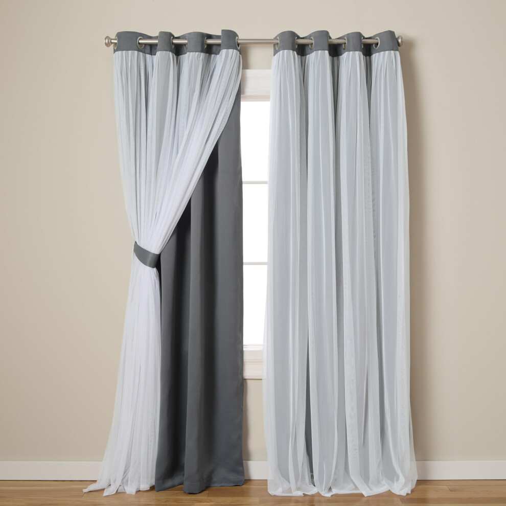 TOWN & COUNTRY LUXE Exclusive Home Catarina Layered Solid Room Darkening Blackout and Sheer Grommet Top Curtain Panel Pair  52x96  Black Pea