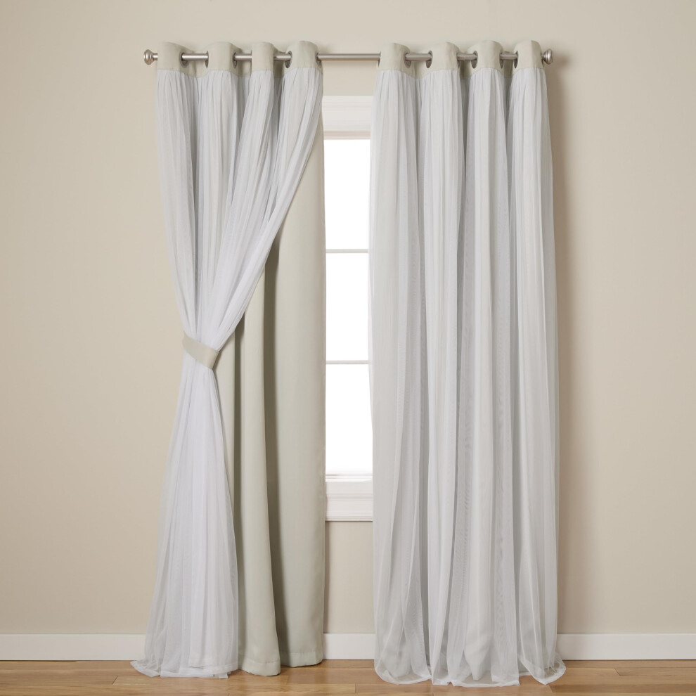 TOWN & COUNTRY LUXE Exclusive Home Catarina Layered Solid Room Darkening Blackout and Sheer Grommet Top Curtain Panel Pair  52x108  Cloud Gr