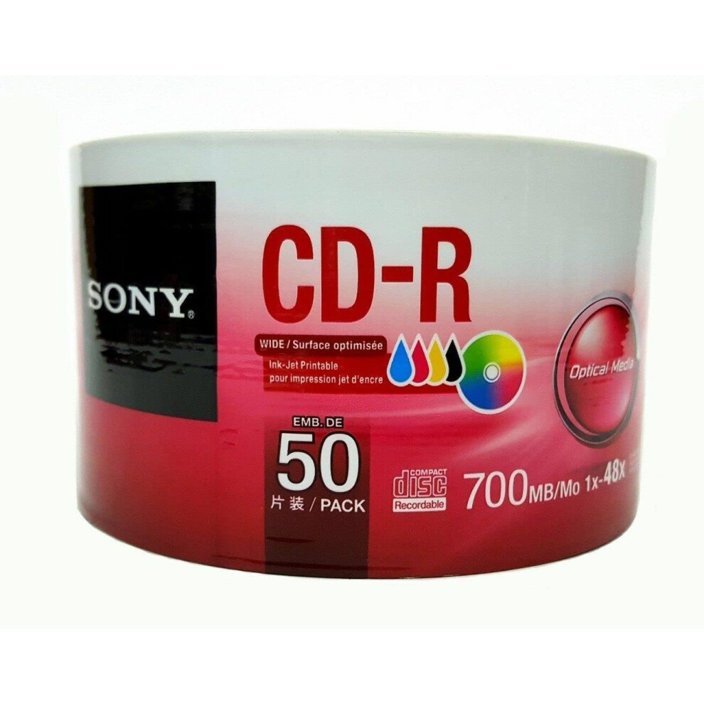 Sony CD-R White Inkjet Hub Printable 48X 700MB 80min Blank Disc (50 Discs)