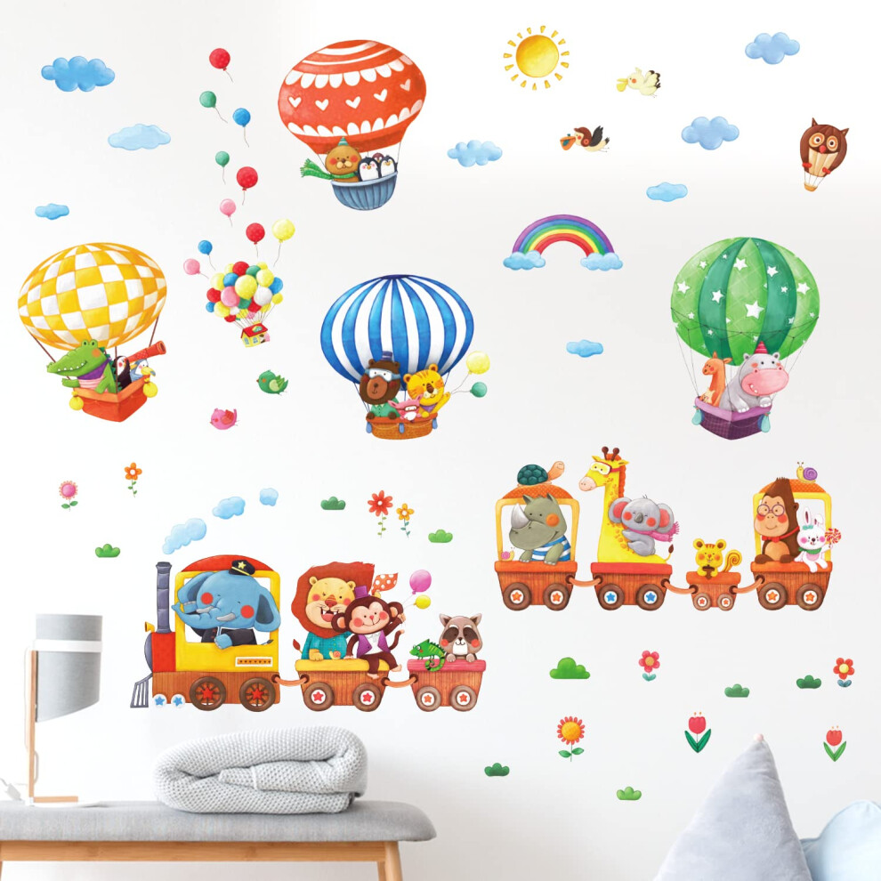 Decowall Ds-8006P8024 Animal Train And Hot Air Balloons Kids Wall Stickers Wall Decals Peel And Stick Removable Wall Stickers For Kids Nurse