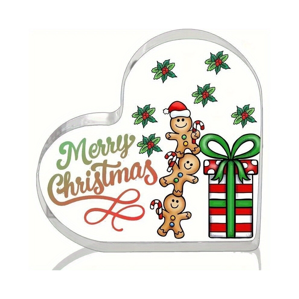 (Olive) Merry Christmas Gingerbread Man Gift Box Heart-shaped Acrylic Desktop Decor Plaque Sign, Commemorative Birthday Gift
