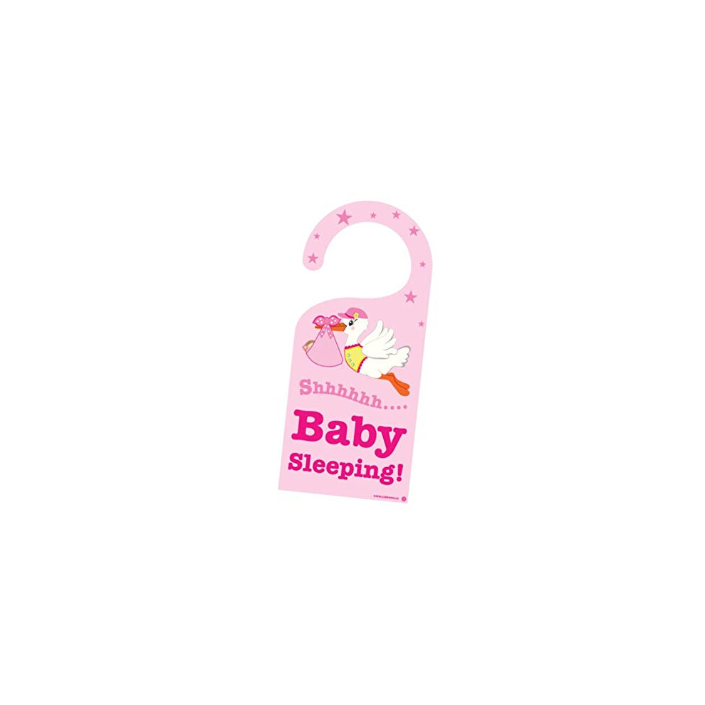 Cute News Baby Girl Sleeping Stork Door Hanger - Do Not Disturb or Knock - Newborn Sign - Great Gift for Parents - Pink