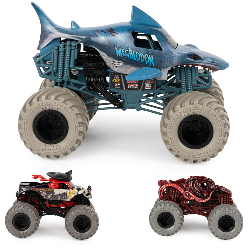 Monster Jam  Into The Deep 3-Pack Die-Cast Monster Trucks  1:24 Scale Megalodon  1:64 Scale Pirates Curse & Octon8er  Kids Toys for Ages 4-6