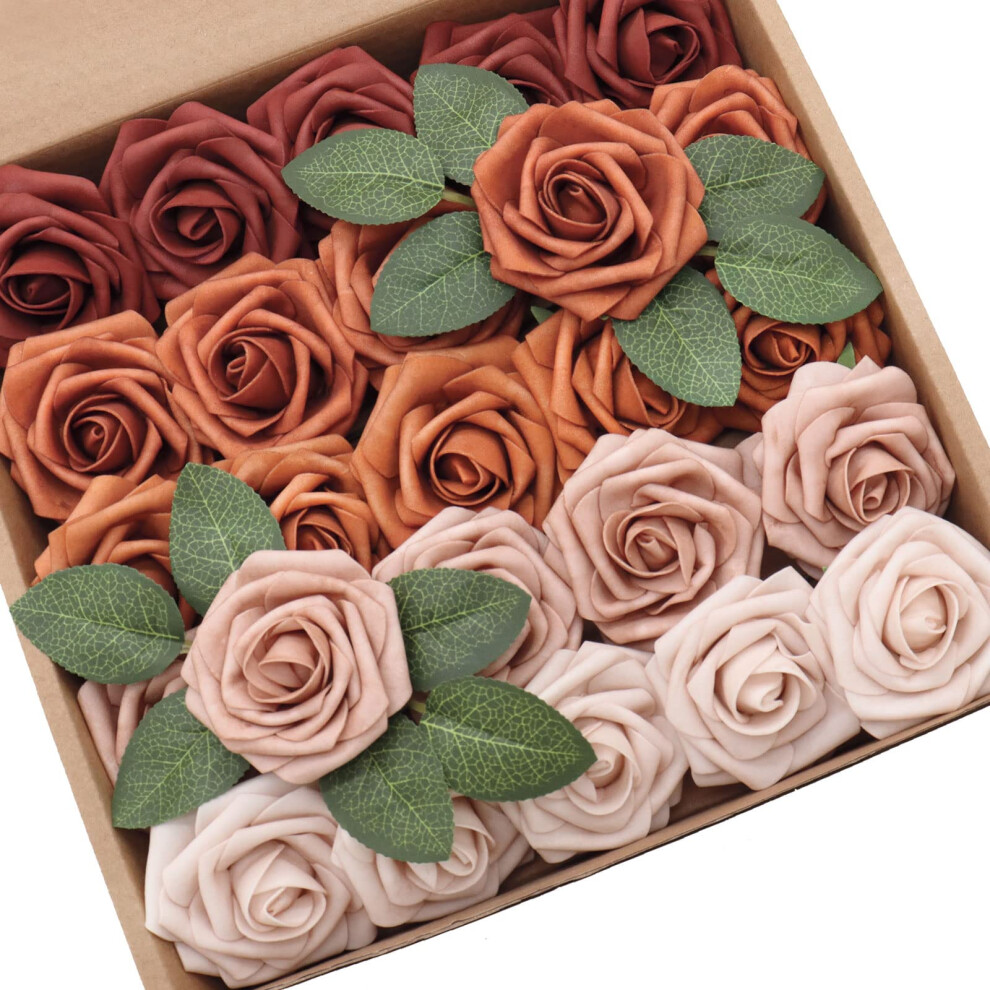 D-Seven Artificial Flower 25pcs Terracotta Ombre Colors Fake Roses with Stem for DIY Wedding Bouquets Floral Arrangements Table Flower Brida