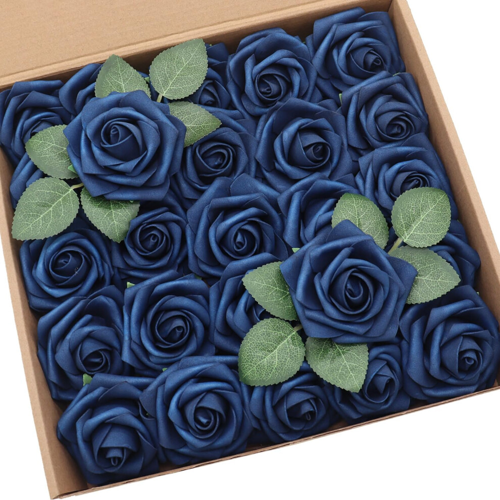 D-Seven Artificial Flower 50pcs Navy Blue Fake Roses with Stem for DIY Wedding Bouquets Floral Arrangements Bridal Shower Baby Shower Party