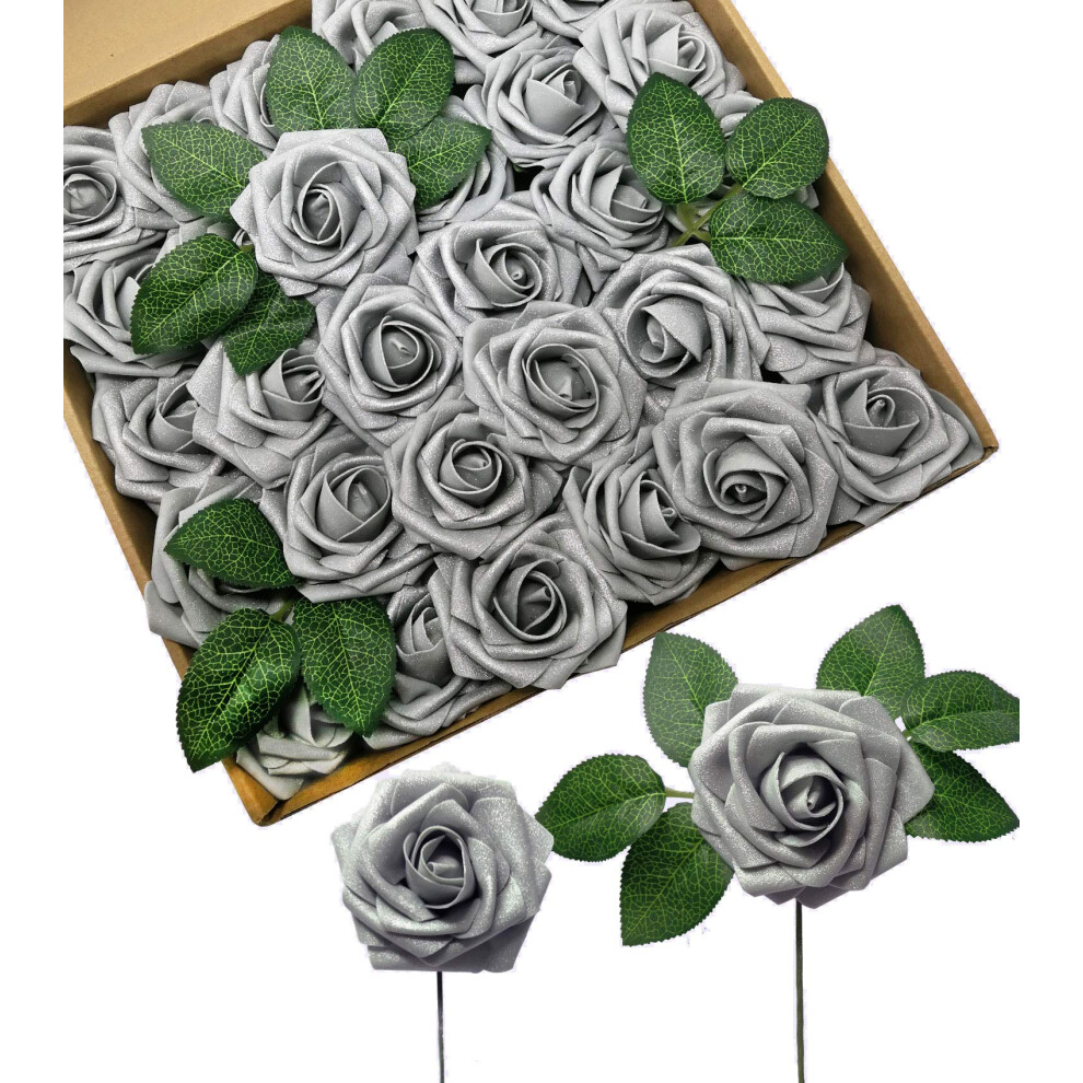 D-Seven Artificial Flower 50pcs Silver Gray Fake Roses with Stem for DIY Wedding Bouquets Floral Arrangements Bridal Shower Baby Shower Part