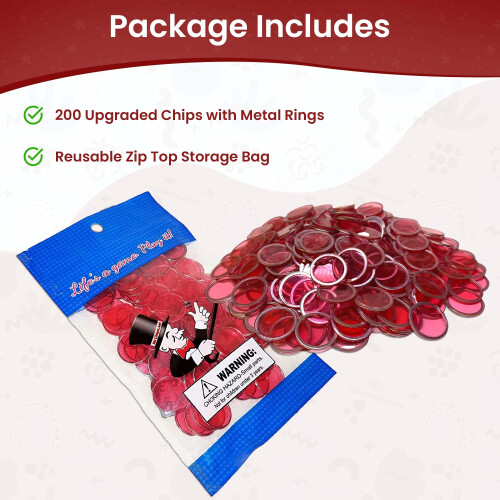 MR CHIPS Μαγνητικά Τσιπ Μπίνγκο 3/4 Ίντσας - 200 Κόκκινα Διαφανή Τσιπ Μπίνγκο 1