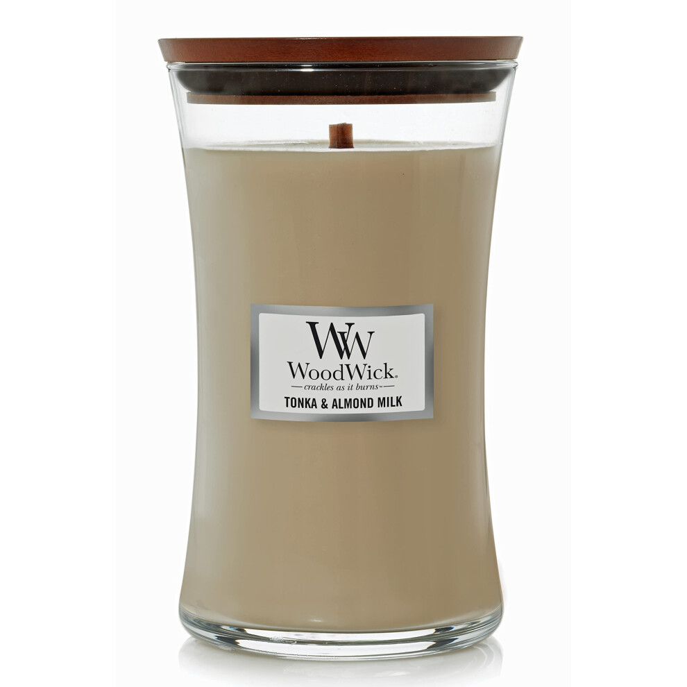 WoodWick Large Hourglass Candle  Tonka/Almond Milk - Premium Soy Blend Wax  Pluswick Innovation Wood Wick  Made in USA