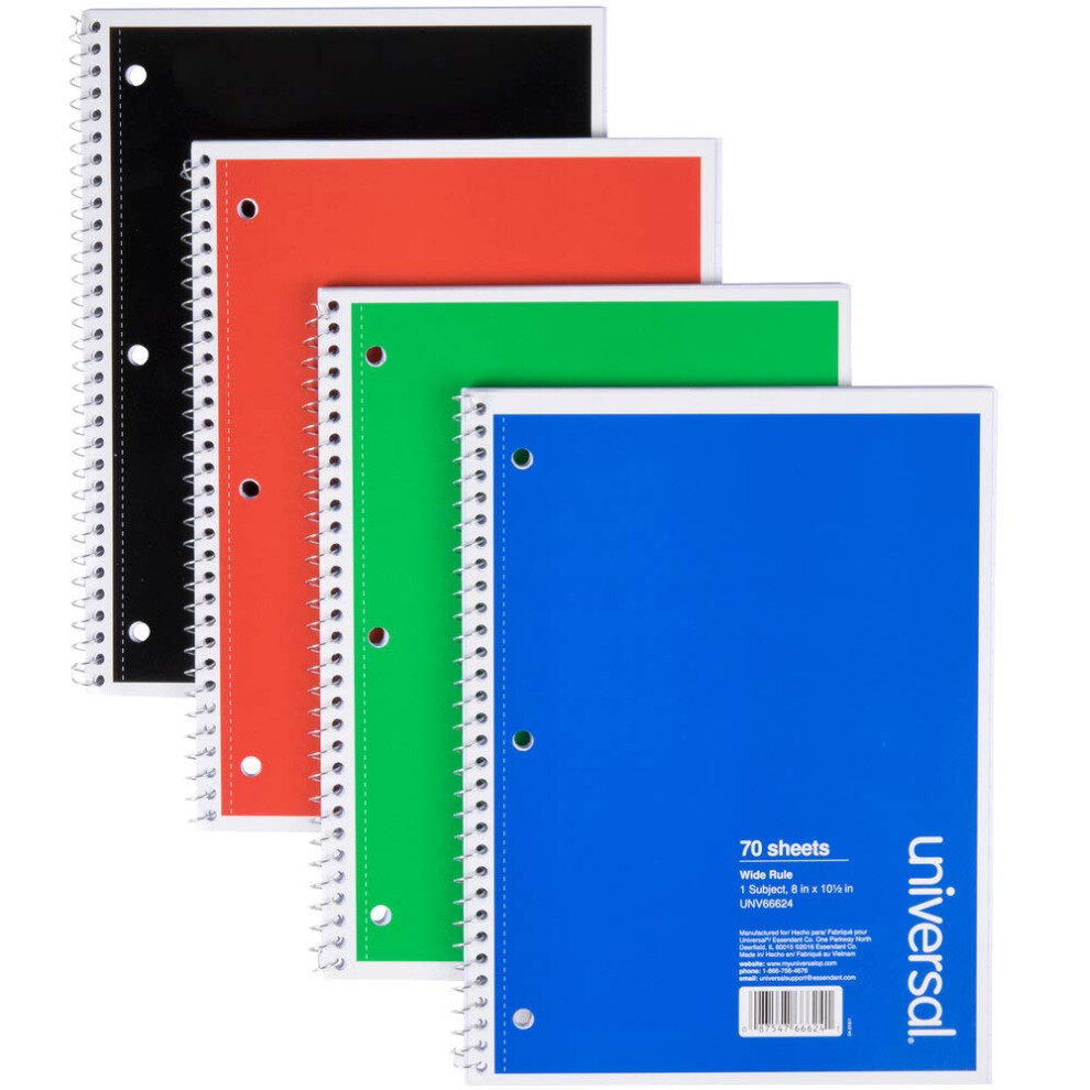 Universal 66624 1 Sub. Wirebound Notebook  10 1/2 x 8  Wide Rule  70 Sht  Assorted Covers  4/PK