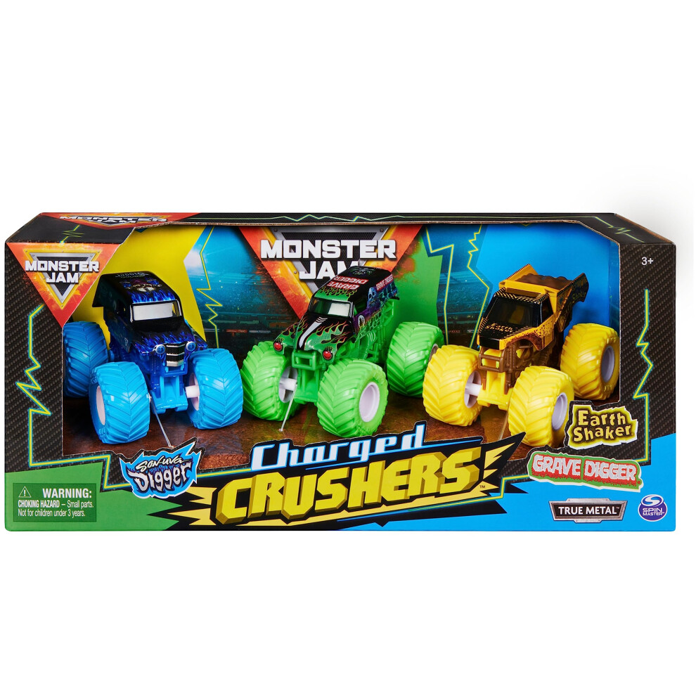 Monster Jam  Charged Crushers 3-Pack (Grave Digger  Son-Uva Digger and Earth Shaker)  1:64 Scale