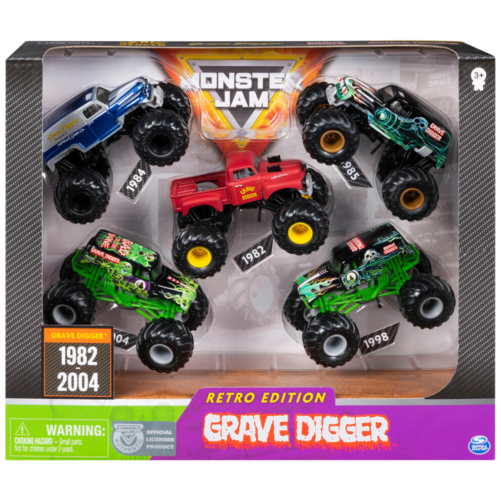 Monster Jam Grave Digger Monster Truck 5pc Value Pack: 1:64 Scale Retro Die-Cast Gift Set with Iconic Models (1982-2005) Chrome Rims and BKT