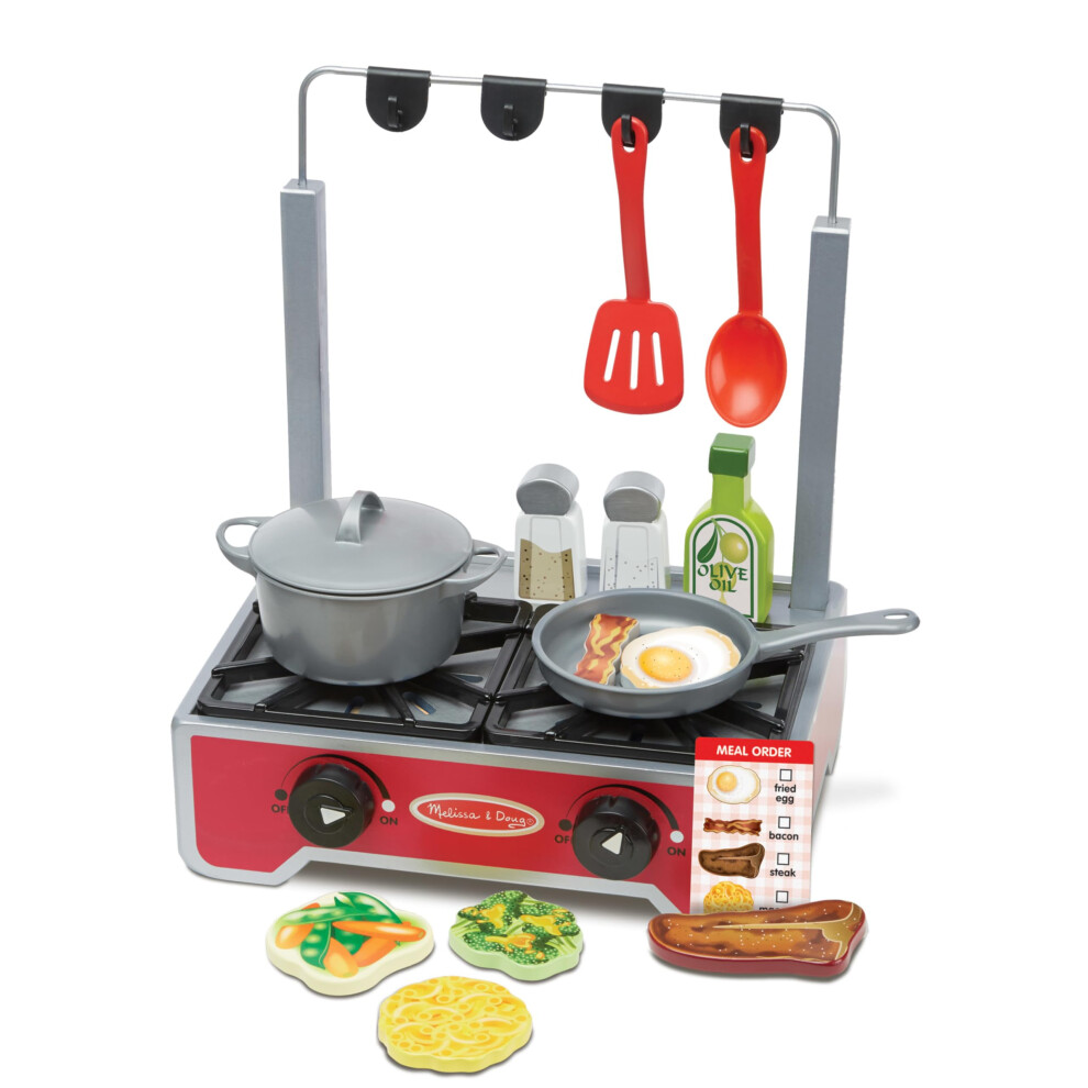 Melissa & Doug 19-Piece Deluxe Wooden Cooktop Set with Wooden Play Food  Durable Pot and Pan