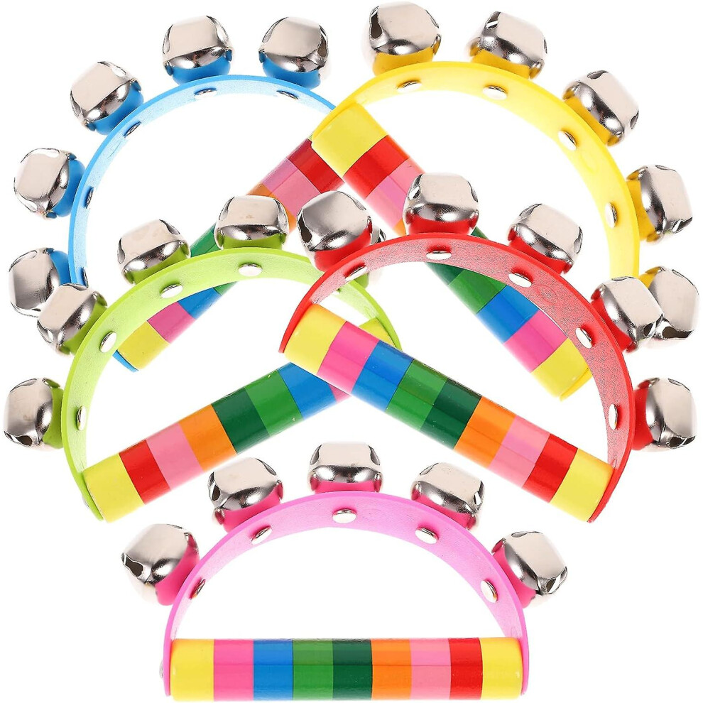 Tambourines For Children 5pcs Kids Sleigh Bells For Christmas Caroling, 5 Jingle Bells Instrument With Wood Handle For Performances, Classroom