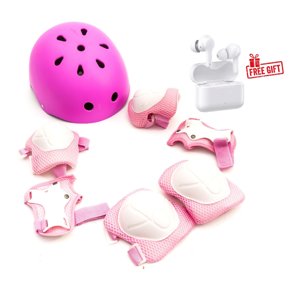 Heavy Duty ABS Kids Helmet Knee Elbow Wrist Pads Cycling Pink & Free Ear Buds