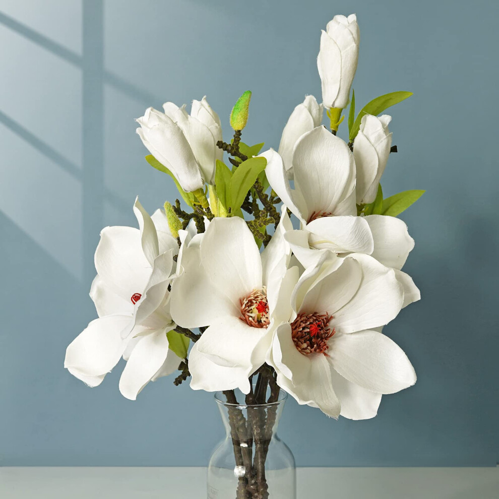 LIUCOGXI Lot de 6 bouquets de magnolia artificiels en soie blanche avec longue tige pour d   coration de table, centre de table, vase de bureau