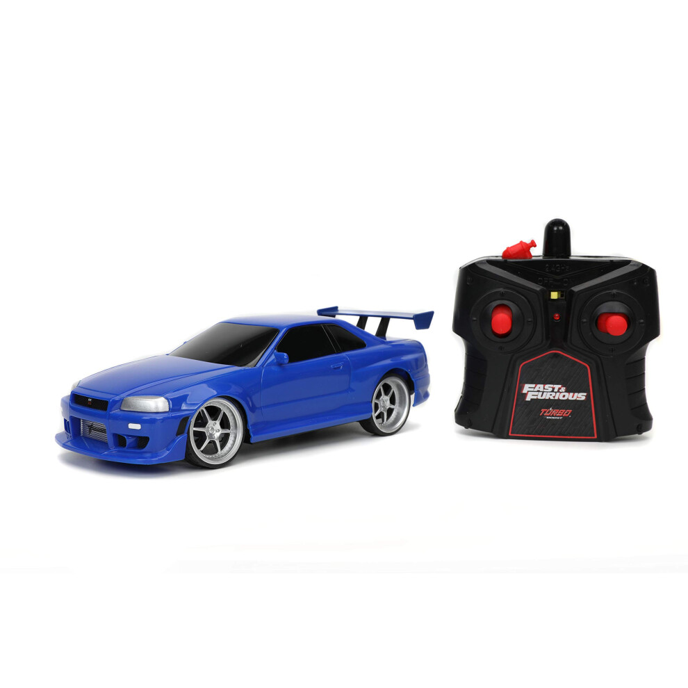 Jada Toys Fast & Furious 1:24 2002 Nissan GT-R R34 Blue Remote Control Car RC with 2.4GHz  Toys for Kids and Adults (31369)