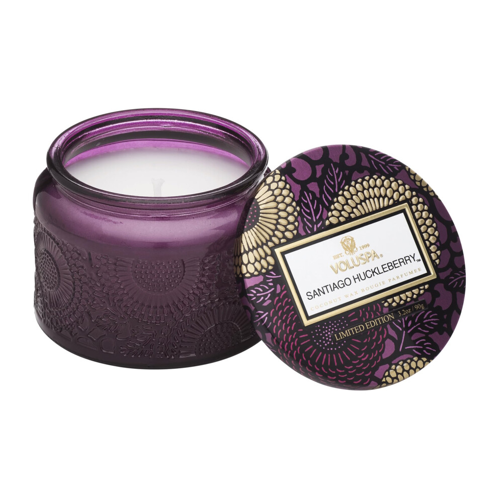 Voluspa Santiago Huckleberry  Petite Candle Jar  3.2 Ounce  25 Hour Burn Time  All Natural Wicks and Coconut Wax for Clean Burning  Vegan  P