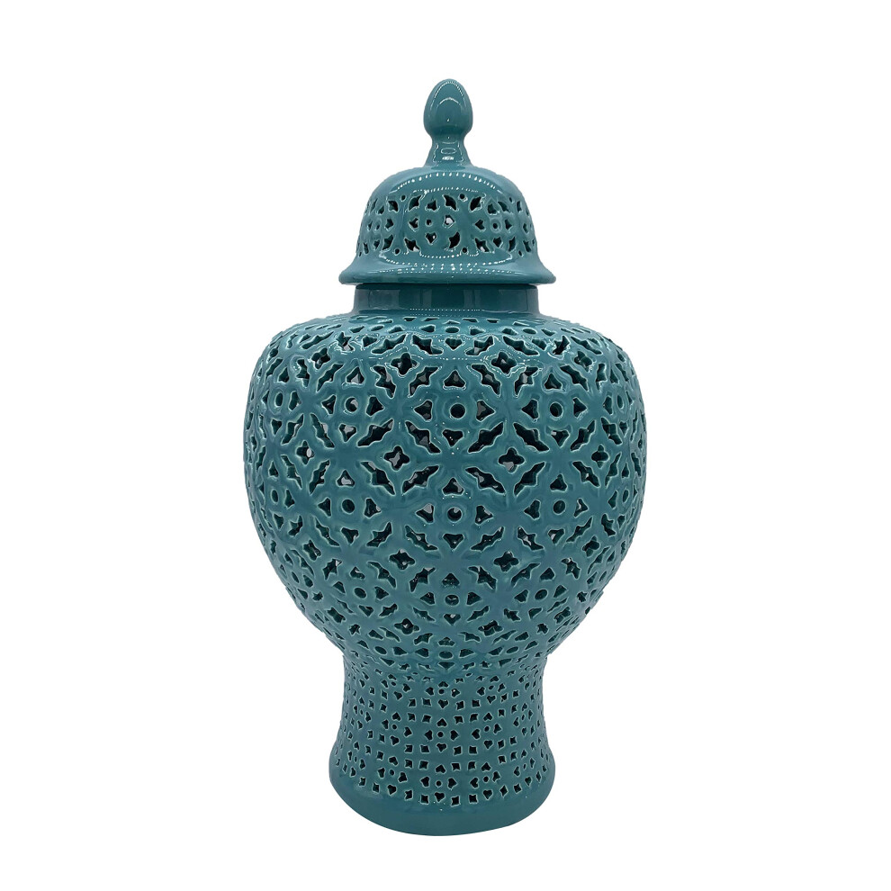 Galt International 23"" Hand Carved Cutout Lattice Ginger Jar with Lid - Porcelain Home Decor with Intricate Mediterranean Inspired Filigree