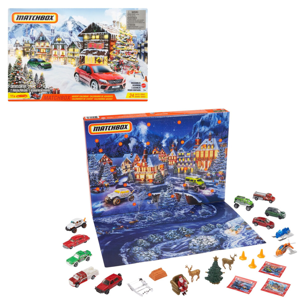 Matchbox Advent Calendar with 24 Surprises that Include 11 1:64 Scale Cars with Authentic & Holiday-Themed Decos & Accessories  Holiday Gift