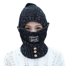 (Black) Winter Balaclava Hood Mask Hooded Hat Scarf Wrap Knit Trapper Hat Fleece Lined