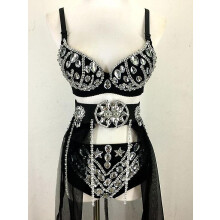(L, Black) New Sexy Handmade Diy Sewing Top + Shorts + Gauze Skirt 3piece Set Nightclub Dj Singer Stage Costumes Women Summer Clothing
