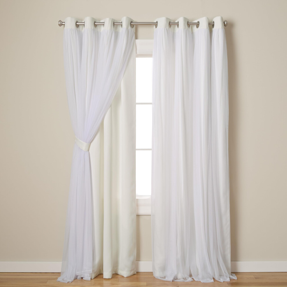 TOWN & COUNTRY LUXE Exclusive Home Catarina Layered Solid Room Darkening Blackout and Sheer Grommet Top Curtain Panel Pair  52x96  Vanilla